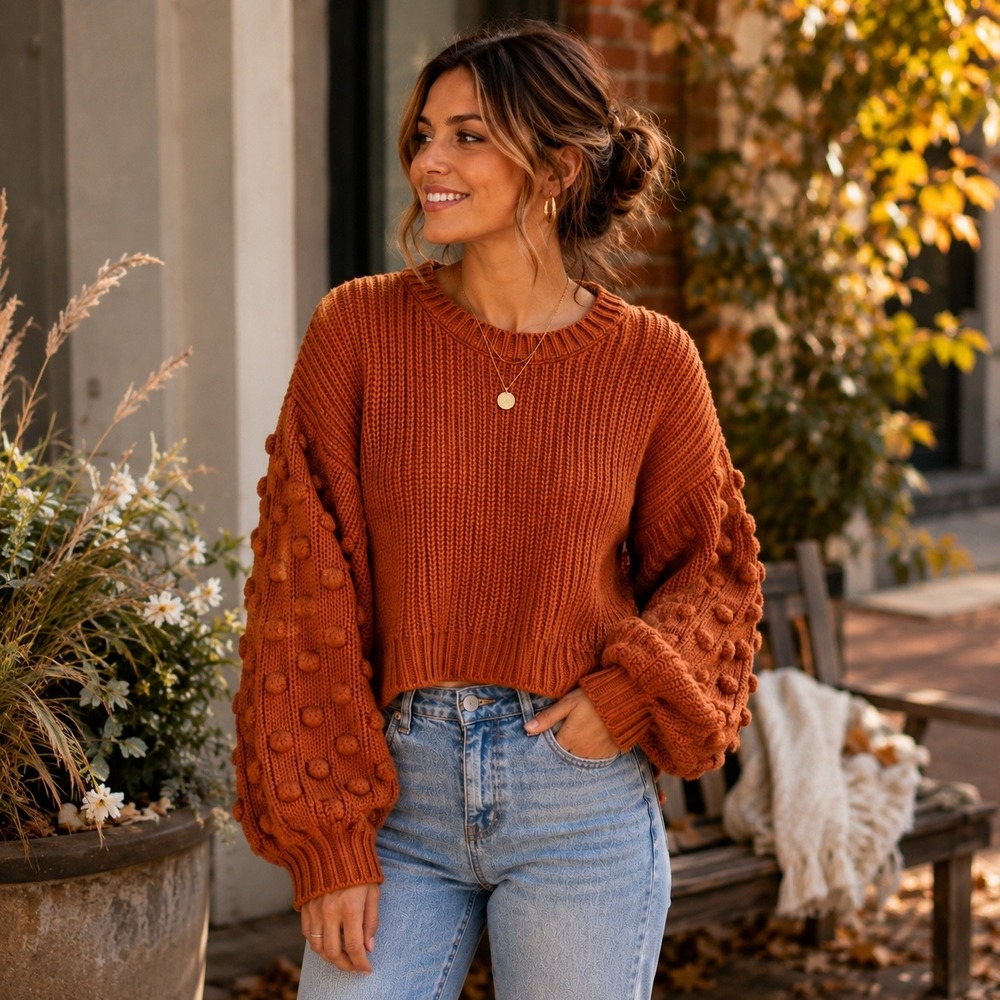 Moon & Madison Chunky Knit Sweater S Terracotta Pom Pom Balloon Sleeve Cropped